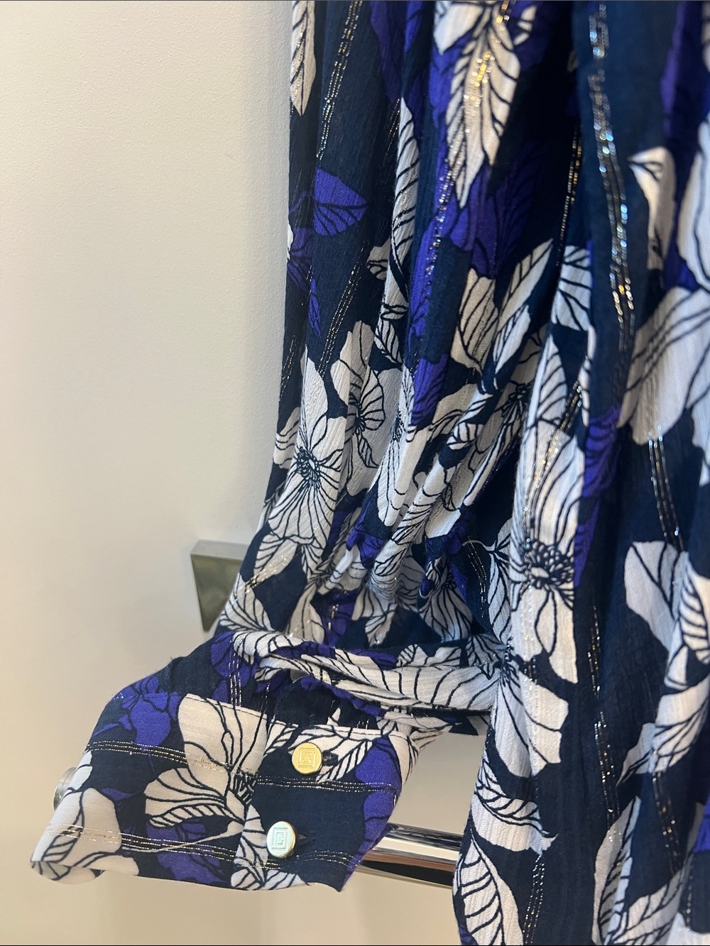 Liz Claiborne Navy, White & Purple Floral Button-Front Blouse - Picture 3 of 8